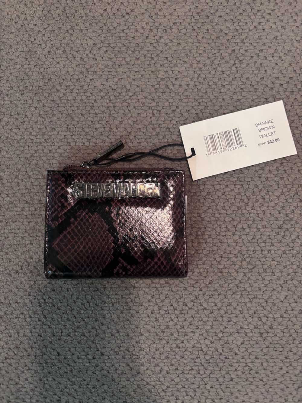 Steve Madden Glossy Brown Snakeskin Zip Wallet with Wrist Strap
